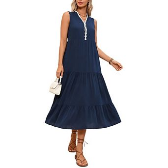 Women's Boho Sleeveless Tiered Maxi Dress V Neck Contrast Trim Casual Vacation Dress