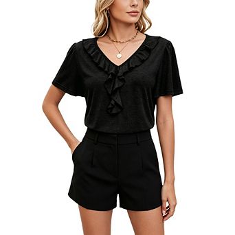 Women's V Neck Ruffle Trim Blouse Short Sleeve Casual Dressy Loose Top