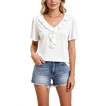 Women's V Neck Ruffle Trim Blouse Short Sleeve Casual Dressy Loose Top