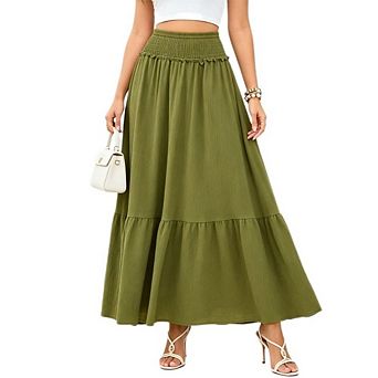 Women's Smocked Waist Tiered Maxi Skirt Casual Elegant Flowy Casual Long Skirt
