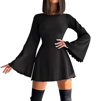 Womens Long Bell Sleeve Mini Dress Flowy A Line Pleated Back Tie Bodycon Crew Neck Elegant Dresses