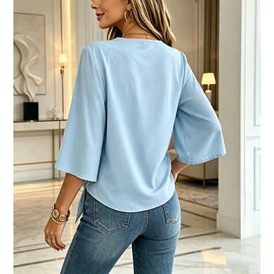 Women's 3/4 Sleeve V Neck Blouse Button Front Tie Hem Casual Chiffon Top