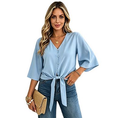 Women's 3/4 Sleeve V Neck Blouse Button Front Tie Hem Casual Chiffon Top