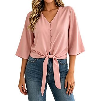 Women's 3/4 Sleeve V Neck Blouse Button Front Tie Hem Casual Chiffon Top