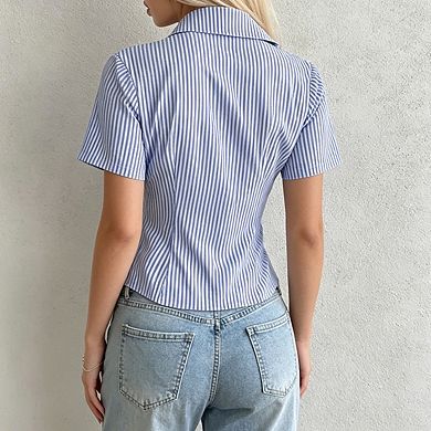 Womens Striped Short Sleeve Button Down Cropped Shirt Collared Neck Tops