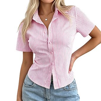 Womens Striped Short Sleeve Button Down Cropped Shirt Collared Neck Tops