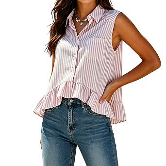 Womens Striped Sleeveless Button Down Blouse Collar Chest Pocket Ruffled Hem Casual Tops