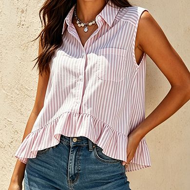 Womens Striped Sleeveless Button Down Blouse Collar Chest Pocket Ruffled Hem Casual Tops