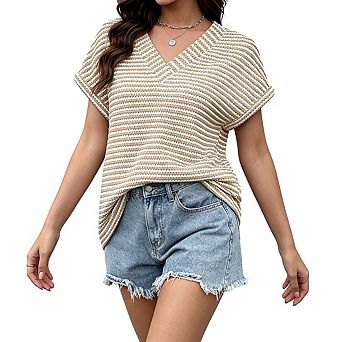 Womens Striped Knit V Neck Tunic Top Rolled Cap Sleeves Relaxed Fit Casual Top