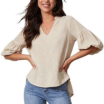 Womens Peplum Blouse Split V Neck Balloon Sleeves Casual Tops