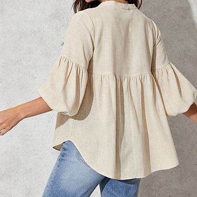 Womens Peplum Blouse Split V Neck Balloon Sleeves Casual Tops