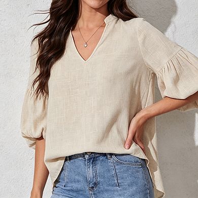 Womens Peplum Blouse Split V Neck Balloon Sleeves Casual Tops
