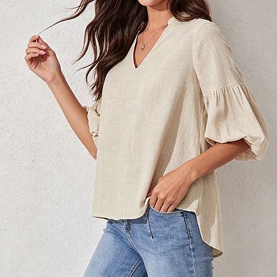Womens Peplum Blouse Split V Neck Balloon Sleeves Casual Tops