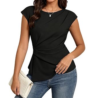 Womens Cap Sleeve Round Neck Top Side Twist Asymmetrical Hem Casual Tops