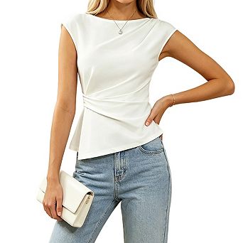 Womens Cap Sleeve Round Neck Top Side Twist Asymmetrical Hem Casual Tops