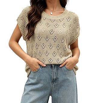 Womens Openwork Knit Dolman Sleeve Top Round Neck Relaxed Fit Casual Tops
