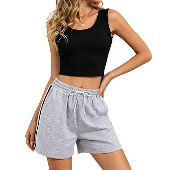Womens Elastic Waist Drawstring Sweat Shorts Side Stripe Detail Casual Shorts
