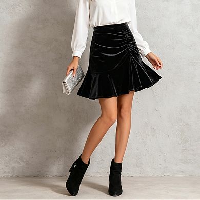 Womens High Waisted Mini Skirt Ruched Detail Ruffle Hem Elegant Skirts