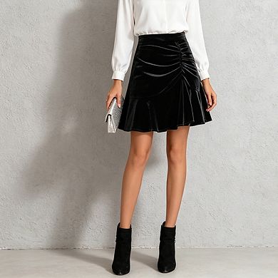 Womens High Waisted Mini Skirt Ruched Detail Ruffle Hem Elegant Skirts