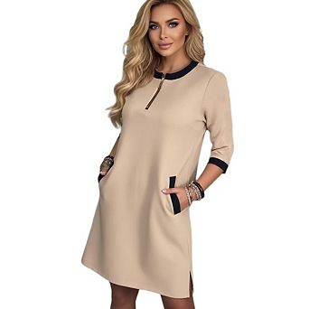 Women's Color Block Half Zip Polo Sweatshirt Dress, Loose A-line Midi Dress with Pockets