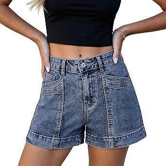 Womens High Waisted Denim Shorts Cuffed Hem Casual Jeans Shorts