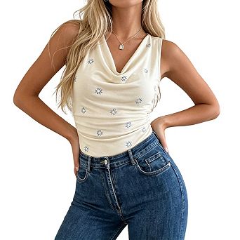 Womens Sleeveless Cowl Neck Bodysuit Rhinestone Flower Details Scoop Back Casual Bodysuits