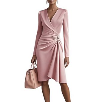 Women's Cross V-Neck Waist Slimming Solid Color Long Sleeve Fashionable Dress
