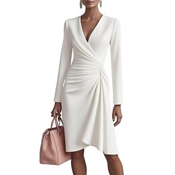 Women's Cross V-Neck Waist Slimming Solid Color Long Sleeve Fashionable Dress