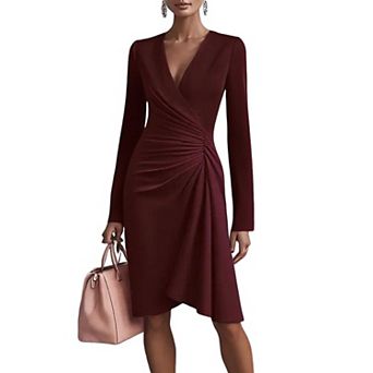 Women's Cross V-Neck Waist Slimming Solid Color Long Sleeve Fashionable Dress