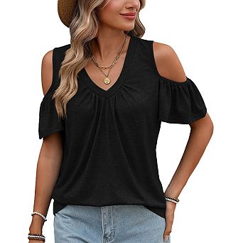 Women's Cold Shoulder V-Neck T-Shirt Ruffle Short Sleeve Front Casual Tee Loose Fit Summer Blouse