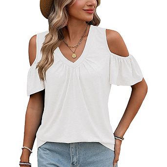 Women's Cold Shoulder V-Neck T-Shirt Ruffle Short Sleeve Front Casual Tee Loose Fit Summer Blouse