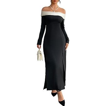 Women's casual dress off shoulder long sleeved slim fit formal long dress