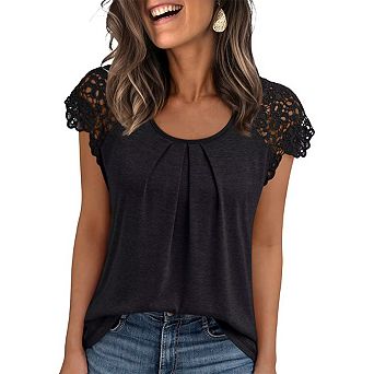 Women's Lace Cap Sleeve Pleated Front T-Shirt Crew Neck Casual Loose Fit Top Soft Summer Tee