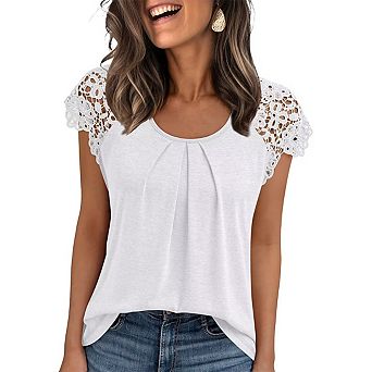 Women's Lace Cap Sleeve Pleated Front T-Shirt Crew Neck Casual Loose Fit Top Soft Summer Tee
