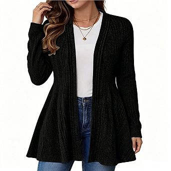 Women's Ribbed Knit Open Front Cardigan Long Sleeve Flared Hem Casual Sweater Coat