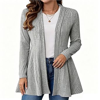 Women's Ribbed Knit Open Front Cardigan Long Sleeve Flared Hem Casual Sweater Coat