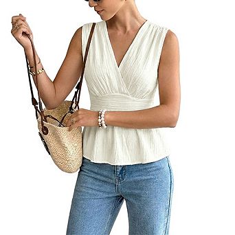 Women's Sleeveless V-Neck Peplum Top Crinkled Surplice Waist-Cinched Blouse
