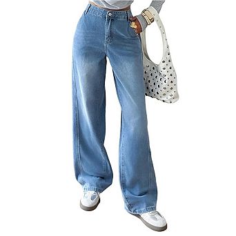 Women's High-Waisted Wide Leg Jeans Light Wash Denim Casual Straight Leg Trousers