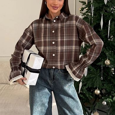 Women's Plaid Flannel Button-Down Shirt Lace Trim Cuffs Oversized Long Sleeve Casual Top