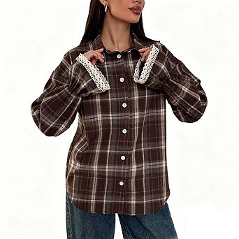 Women's Plaid Flannel Button-Down Shirt Lace Trim Cuffs Oversized Long Sleeve Casual Top