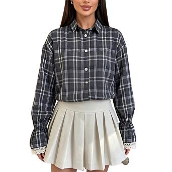 Women's Plaid Flannel Button-Down Shirt Lace Trim Cuffs Oversized Long Sleeve Casual Top