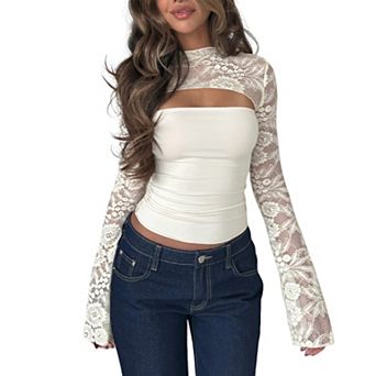 Womens Lace Hollowed Out Bell Long Sleeve Cutout Top Summer Casual Elegant Fashion Shirt Boho Blouse
