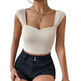Women's Waffle Knit Sweetheart Neck Wide Strap Cropped Tank Top Sleeveless Summer Casual Boho Shirt