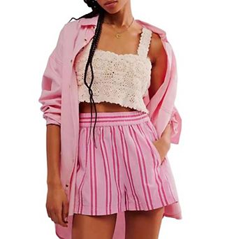 Women's Striped Elastic Waist Casual Shorts Summer Elegant Fashion Loose Fit Boho Pants With Pockets