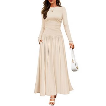 Women's Long Sleeve Knit Maxi Dress with Round Neck, Ruched Waist and Pockets