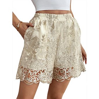 Women's High Waisted Floral Lace Embroidered Shorts French Luxury Style Loose Pants WIth Pockets