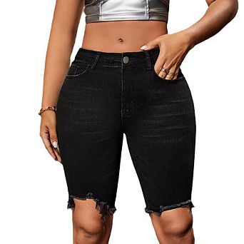 Women's Frayed Edge Stretch Ripped Shorts Distressed Fringed Denim Shorts