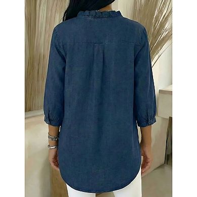 Women's V-Neck Ruffle Trim 3/4 Sleeve Denim Look Button Down Shirt
