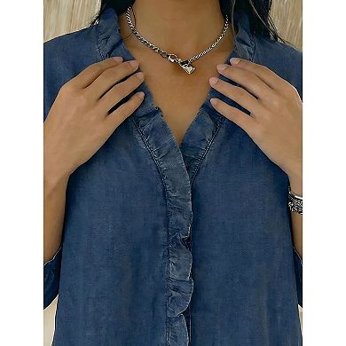 Women's V-Neck Ruffle Trim 3/4 Sleeve Denim Look Button Down Shirt