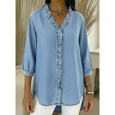 Women's V-Neck Ruffle Trim 3/4 Sleeve Denim Look Button Down Shirt